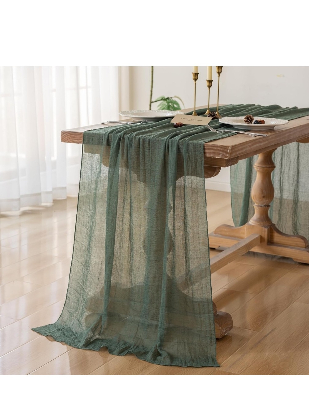 Forest Green Sheer Linen-Style Table Runner 10 FT